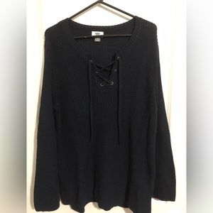 Old Navy Navy Blue Sweater with Bell Sleeves and Lace Tie Up. Size XL.